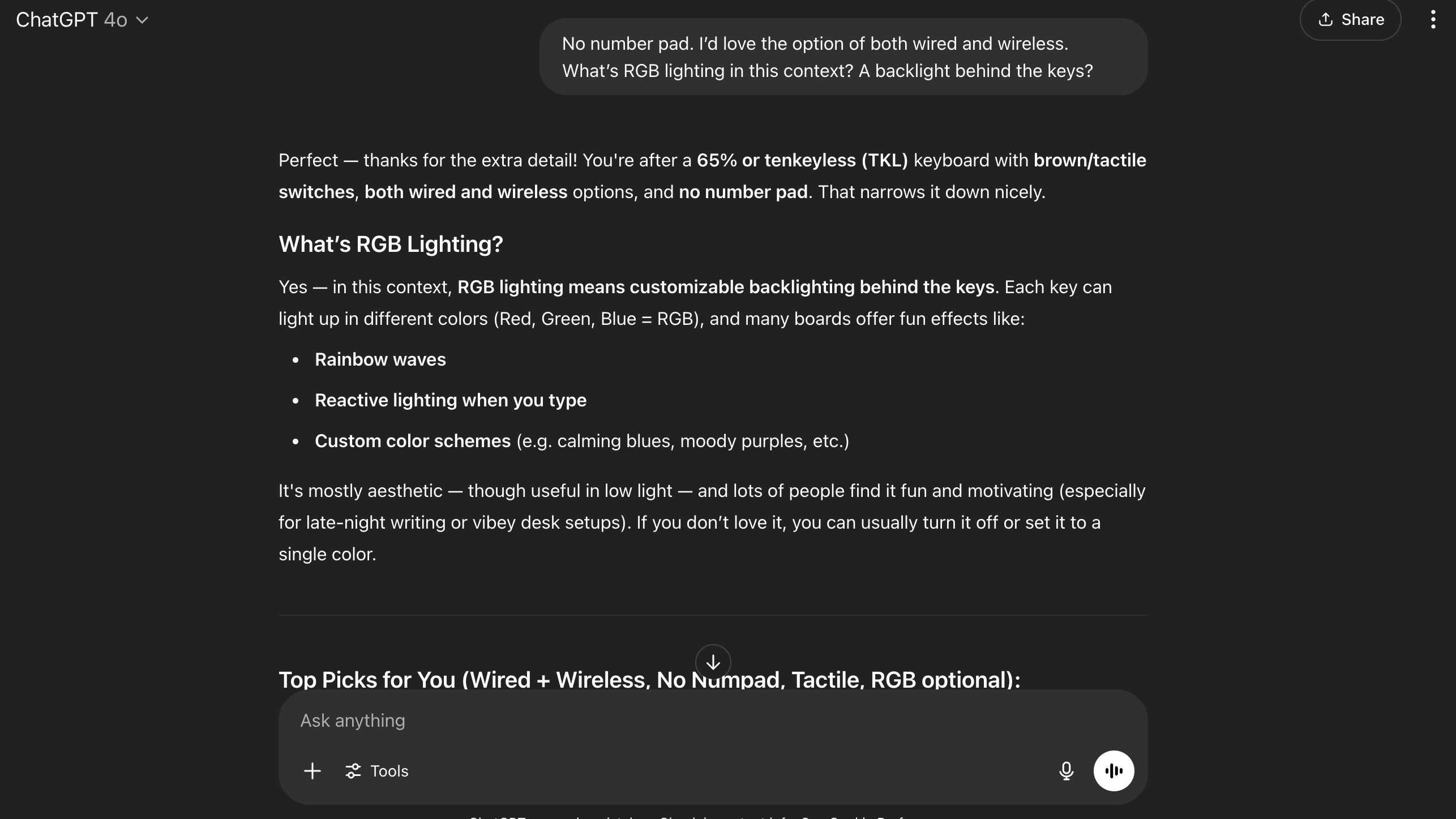 A screenshot of the Chatgpt interface with shopping recommendations and questions to dig into context
