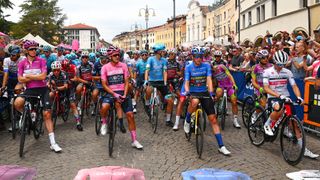 Giro d'Italia classification leaders Arnaud Démare, Richard Carapaz, Koen Bouwman and Juan Pedro López show off their jerseys ahead of stage 20 of the 2022 race