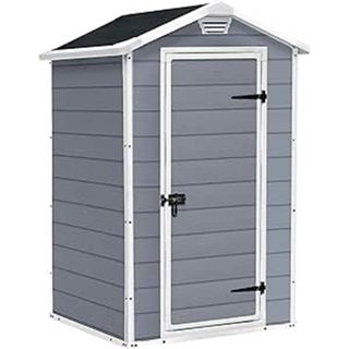 Grey and white narrow garden shed