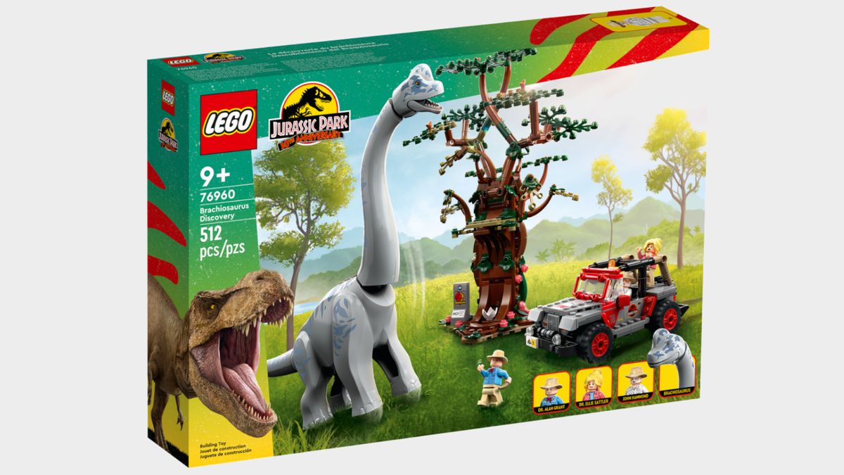 The Lego Brachiosaurus Discovery set on a plain background