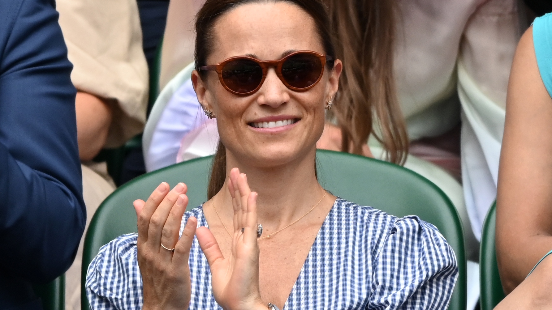 Pippa Middleton attends day 11 of the Wimbledon Tennis Championships at the All England Lawn Tennis and Croquet Club on July 09, 2021 in London, England