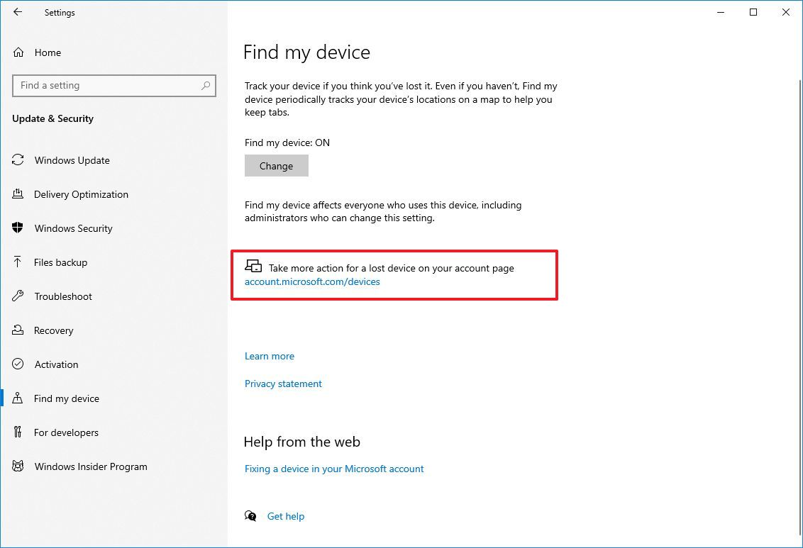 Take more action for a lost device on your account page