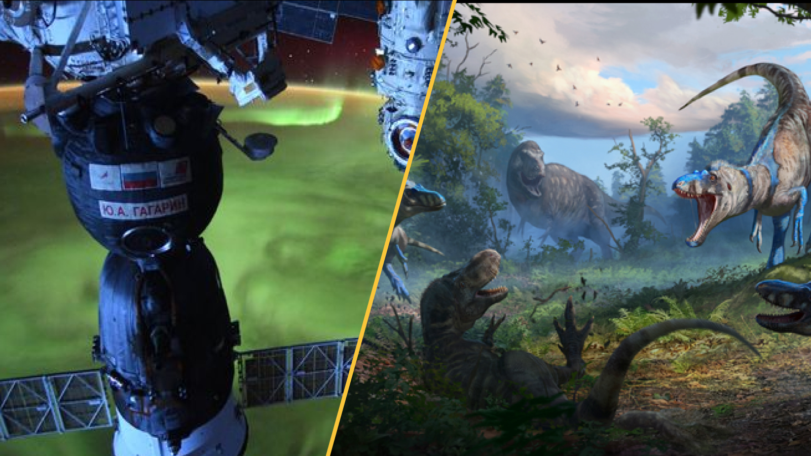 A geomagnetic storm above Earth and Nanotyrannus.