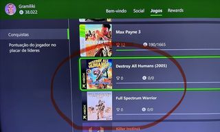 Gramiliki's Xbox profile under the Games tab; a red circle highlights *Destroy All Humans* and *Full Spectrum Warrior* in the list of achievements.