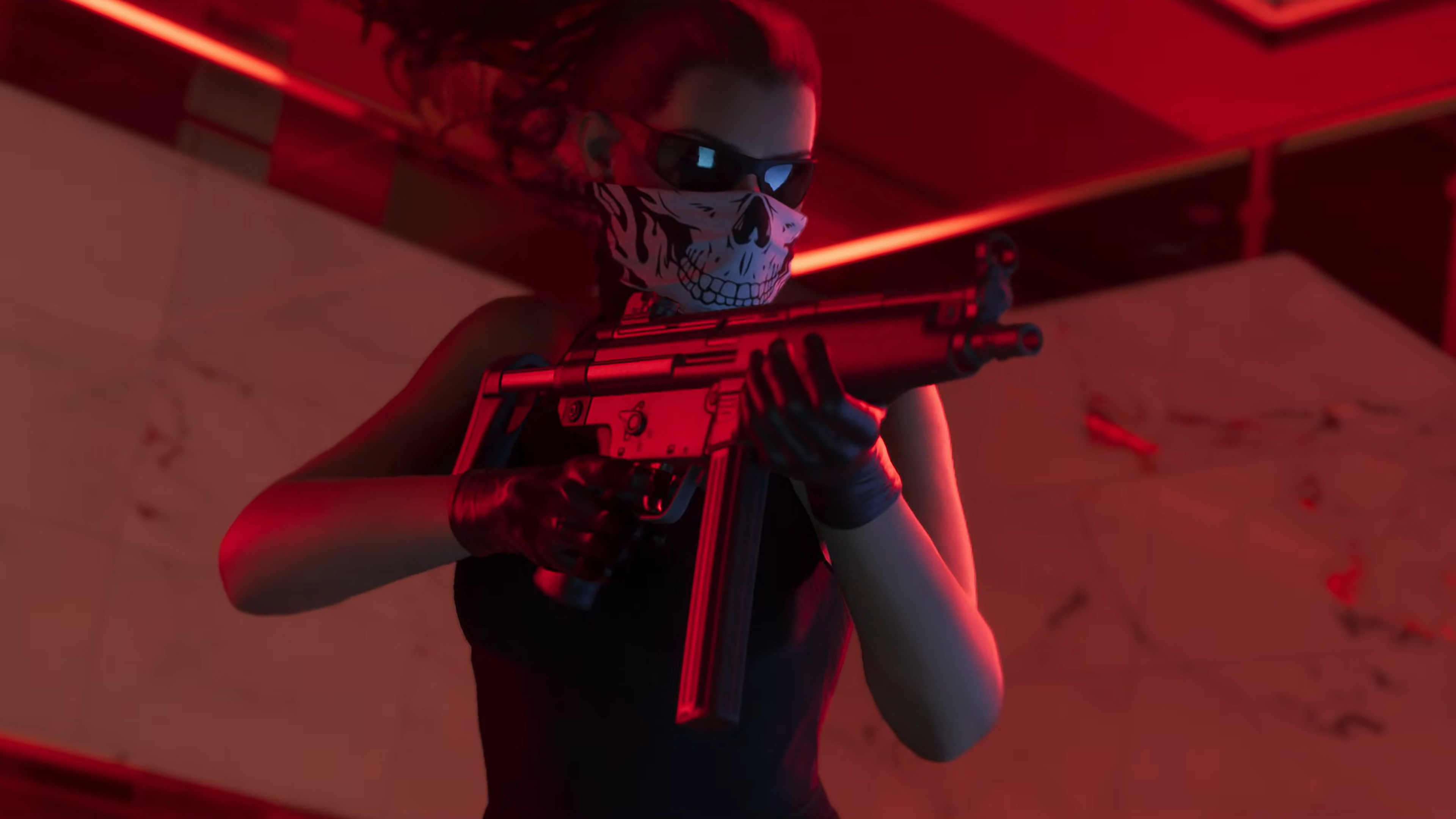 Lucia wields a Heckler &amp;amp; Koch MP5/40-inspired SMG during an armed robbery in the second GTA 6 trailer