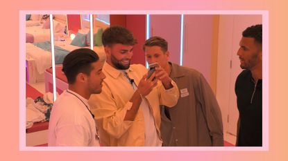 the Love Island cast looking at a phone in the bedroom, with a multi-colored border around the image