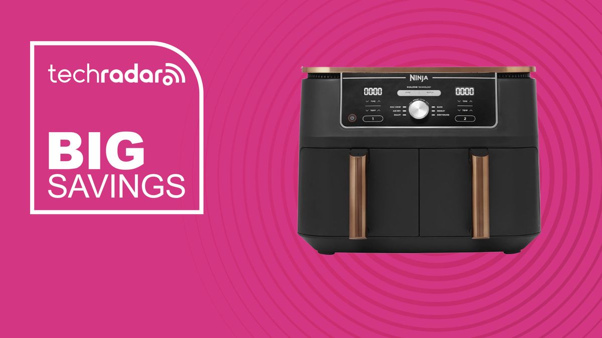 The Ninja Foodi Max Air Fryer on a pink background with text saying Big Savings next to it.