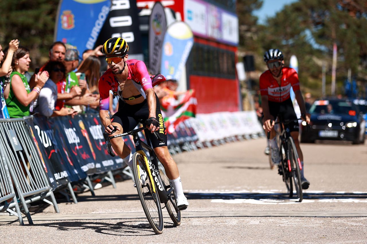 Primoz Roglic crosses the line to win stage 5 of the Vuelta a Burgos 2023