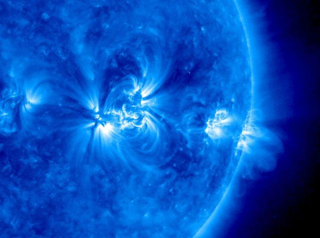 An image of the sun in ultraviolet light showing a string of active regions near the Sun&#039;s equator over about 36 hours. 