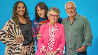 From left: Hosts Alison Hammond and Noel Fielding and judges Prue Leith and Paul Hollywood line-up for The Great British Bake Off season 15