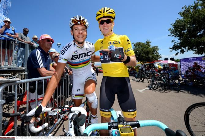 Jan Bakelants (RadioShack) with friend and world champion, Philippe Gilbert (BMC)