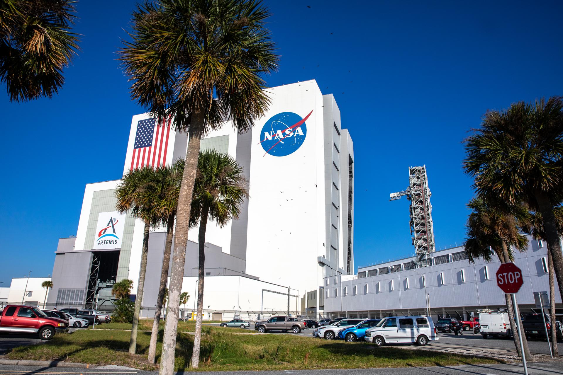 The Artemis 1 mobile launch tower approaches the Vehicle Assembly Building at NASA's Kennedy Space Center on December 9, 2022.