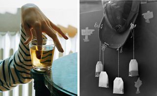 Two images. Left, a woman's finger in a glass of liquid. Right, teabags hanging from a peek cap.
