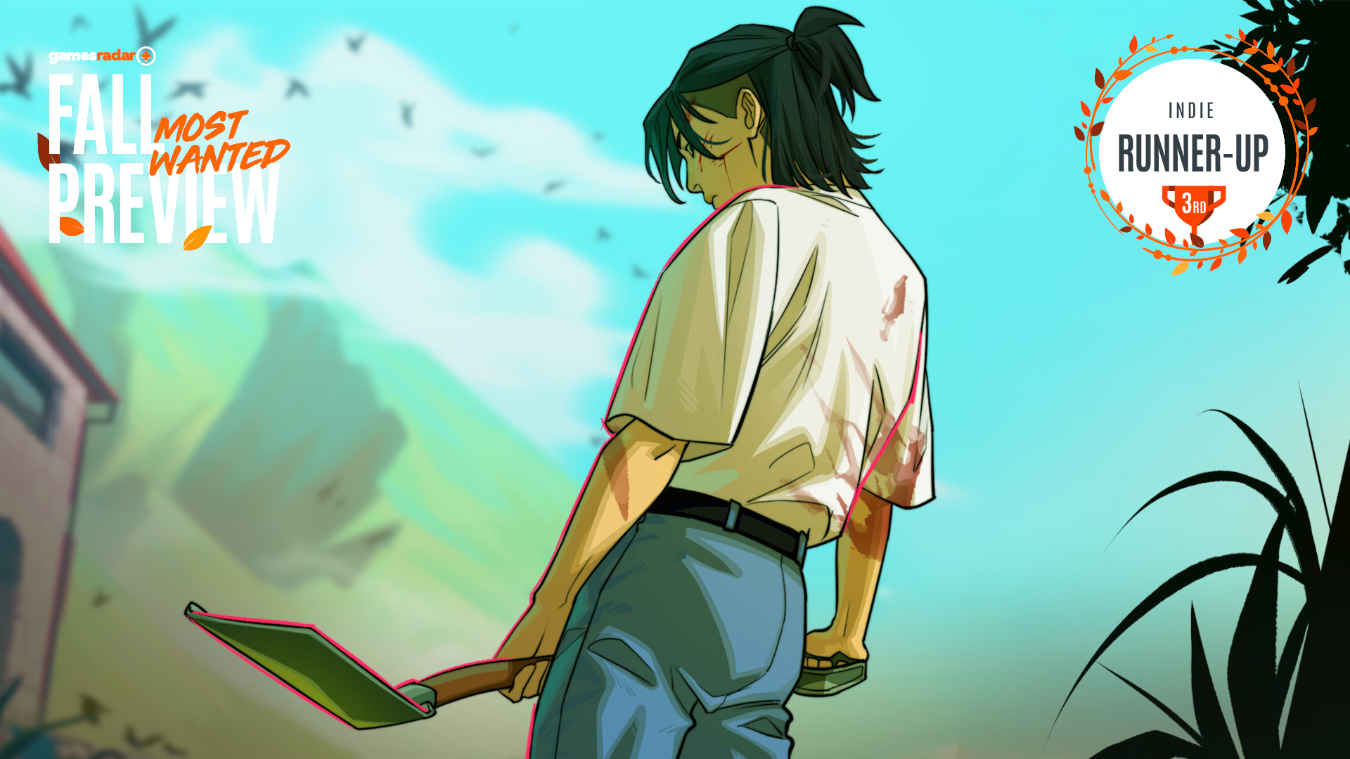 In Grave Seasons key art, a figure holds a shovel while looking over their shoulder mysteriously in a remote area with the GamesRadar+ Fall Preview badge