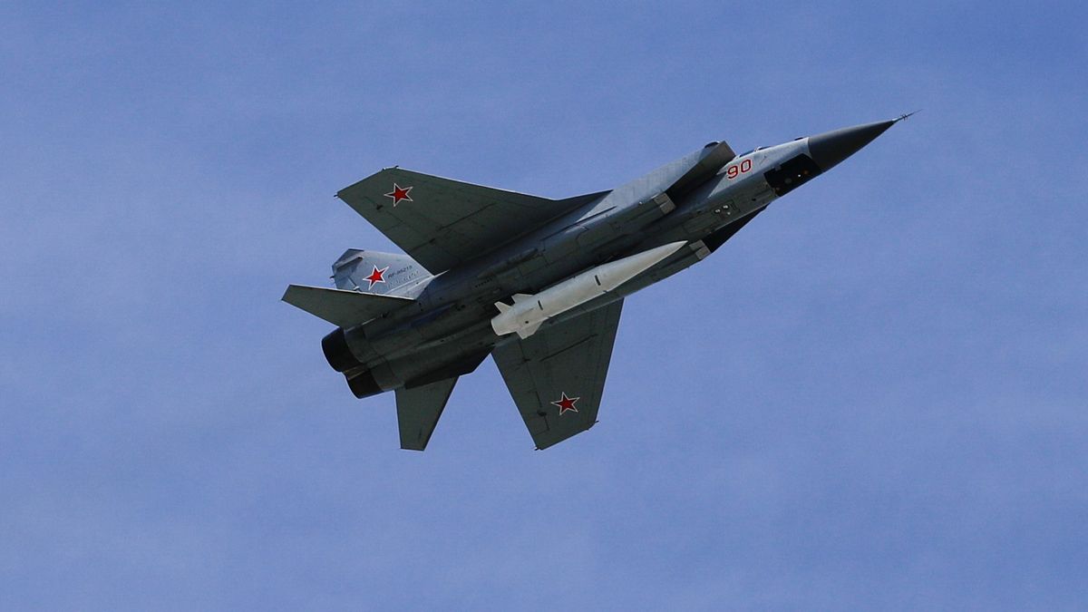 Russian defense officials say the country has fired a Kinzhal hypersonic missile, seen here in a 2018 photo on a MiG 31k fighter jet, into Ukraine in an attack on March 18, 2022. It&#039;s the first time the missile has been used in combat. 