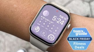 Apple Watch Series 8 on wrist with Black Friday deal badge bottom right