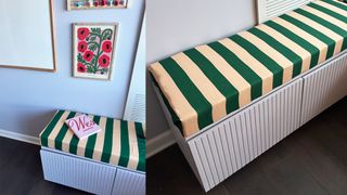 ikea besta hack corner bench with striped cushions