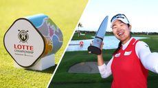 A LOTTE Championship tee marker (left) and A Lim Kim takes a selfie while holding the Lotte Championship trophy in 2024 (right)