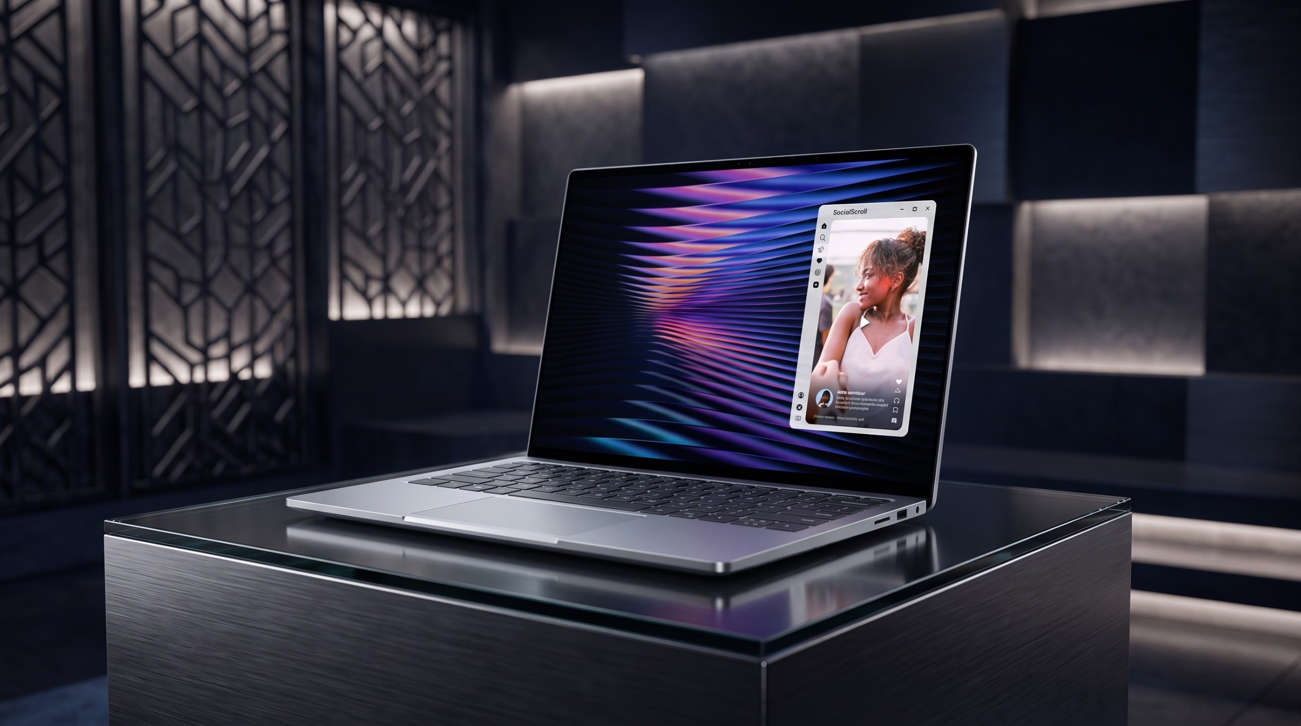A Dell XPS 13 laptop sitting on a black marble pedestal in a sleek black futuristic environment