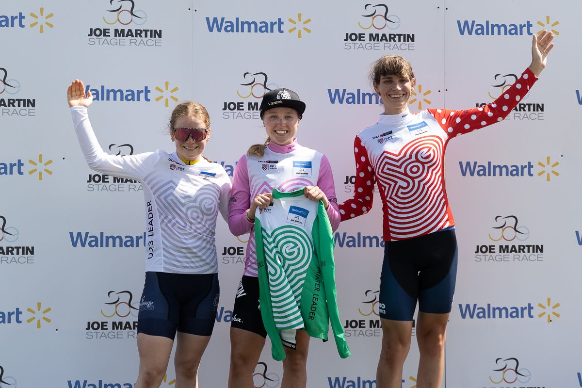 Ngaire Barraclough (The Cyclery Racing) in the White Best U23 rider, Skyler Schnider (L39ION of Los Angeles) in the Green Sprint and Pink Overall leaders Jerseys, and Austin Killips (ATX Wolfpack p/b Probikekit) in the polka dots climber jersey.