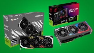 Two new Nvidia RTX 4070 Ti GPUs from Palit and Asus on a green background.