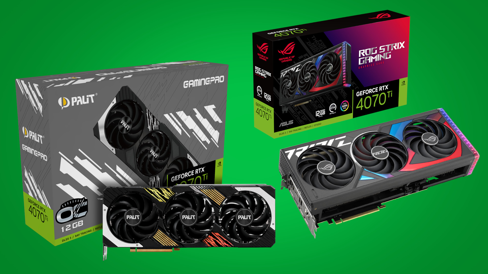 Deux nouveaux GPU Nvidia RTX 4070 Ti de Palit et Asus sur un fond vert.