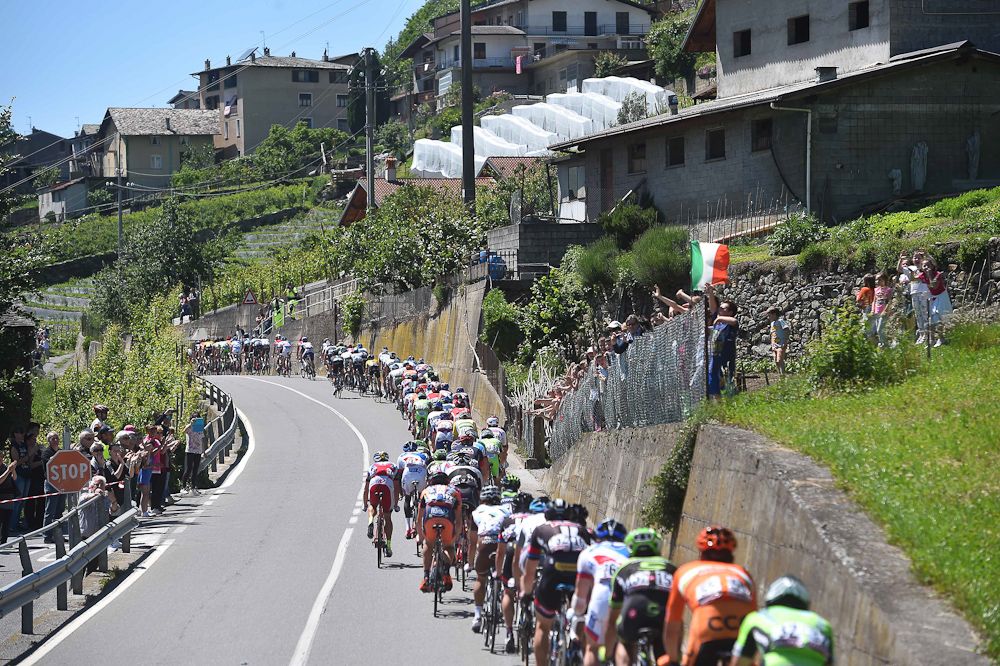The peloton is lined out during stage 17.
