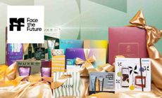 Face the Future logo placed over beauty products with gold ribbons