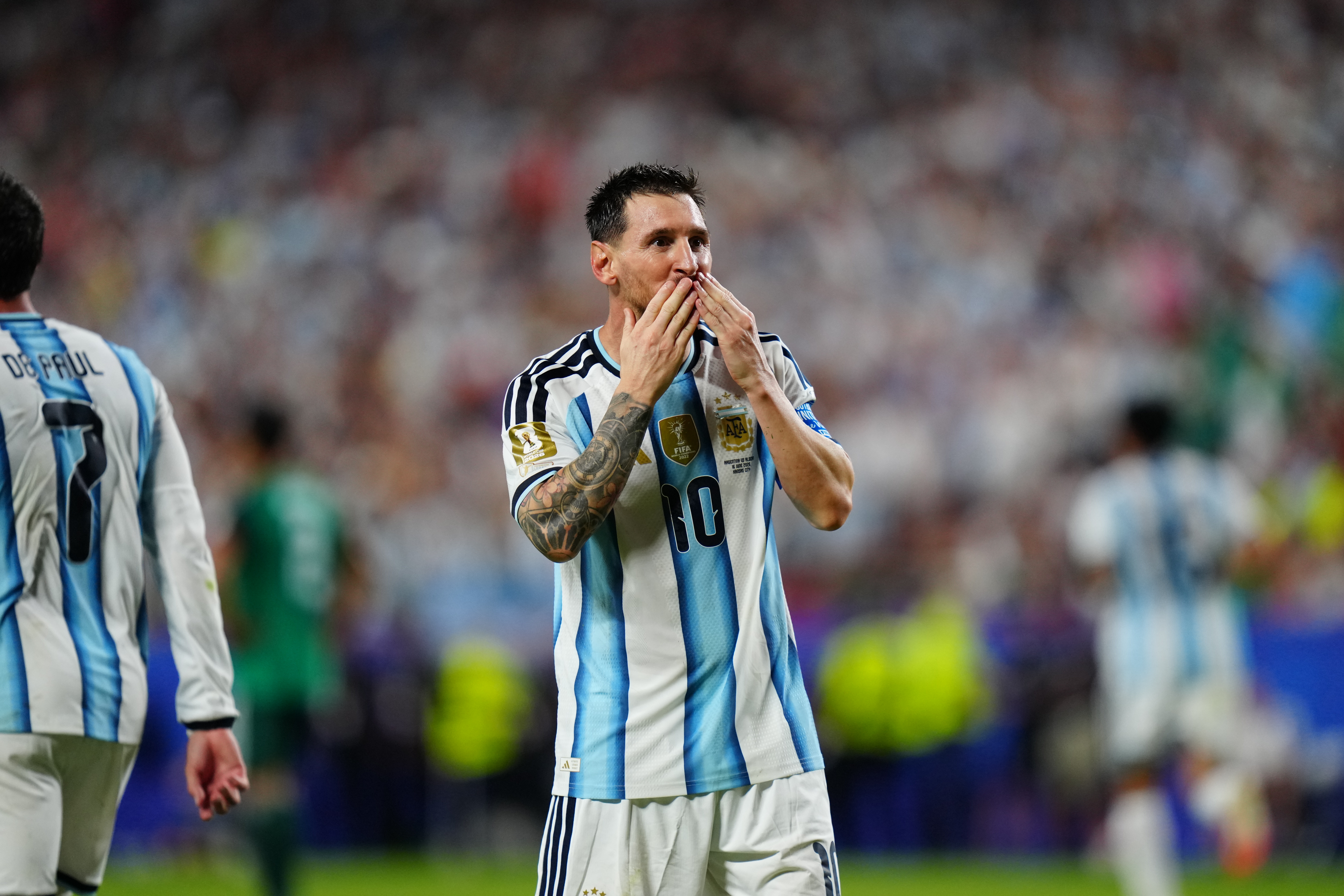 KANSAS CITY, UNITED STATES - JUNE 16: Lionel Messi of Argentina celebrates after completing a hat-trick during the 2026 FIFA World Cup First Stage Group J match between Argentina and Algeria at Arrowhead Stadium (Kansas City Stadium) in Kansas City, Missouri, United States on June 16, 2026. (Photo by Hakan Akgun/Anadolu via Getty Images)
