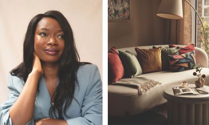 A side-by-side composition featuring designer Tola Ojuolape in a light blue blazer on the left, and a curated living room scene on the right. The interior displays her signature use of rich textures, including a curved sofa, colorful velvet pillows, and organic-shaped decor.