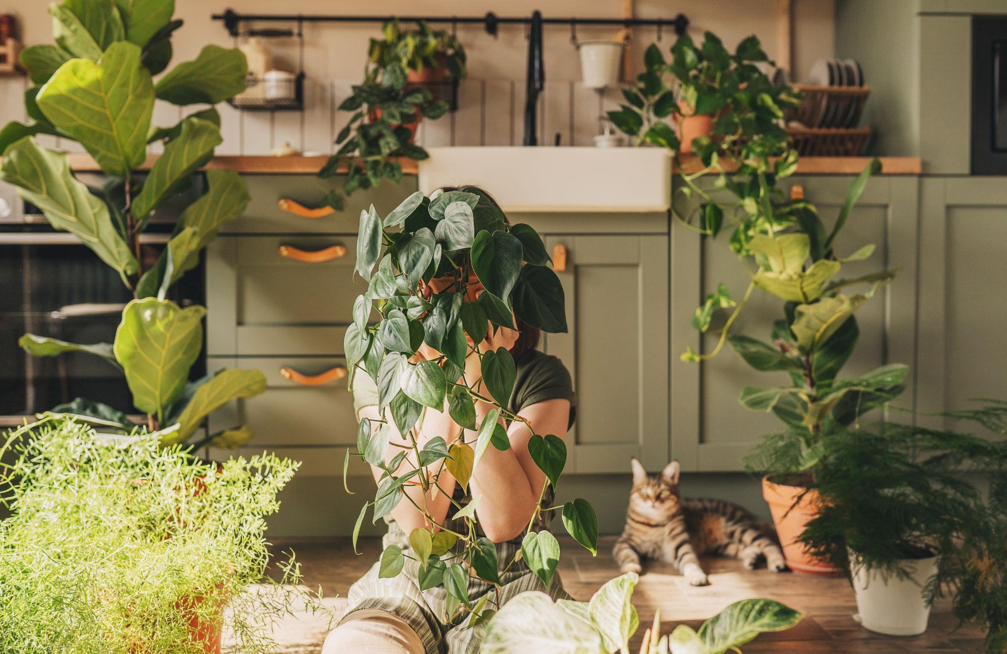 A girl is holding a copper pot with a fern