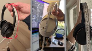 A selection of three pairs of headphones with measuring tape to measure their full extensions