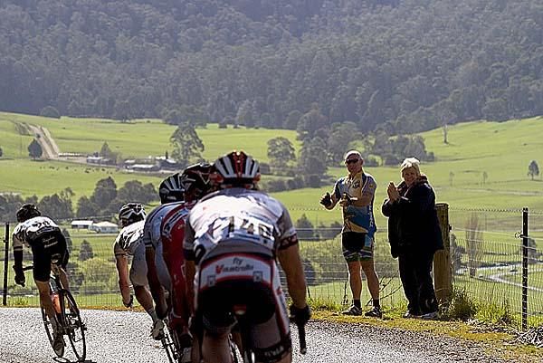 A lead group receive some support on the descent prior to the climb at Gunns Plains where a brute awaited the Tour.