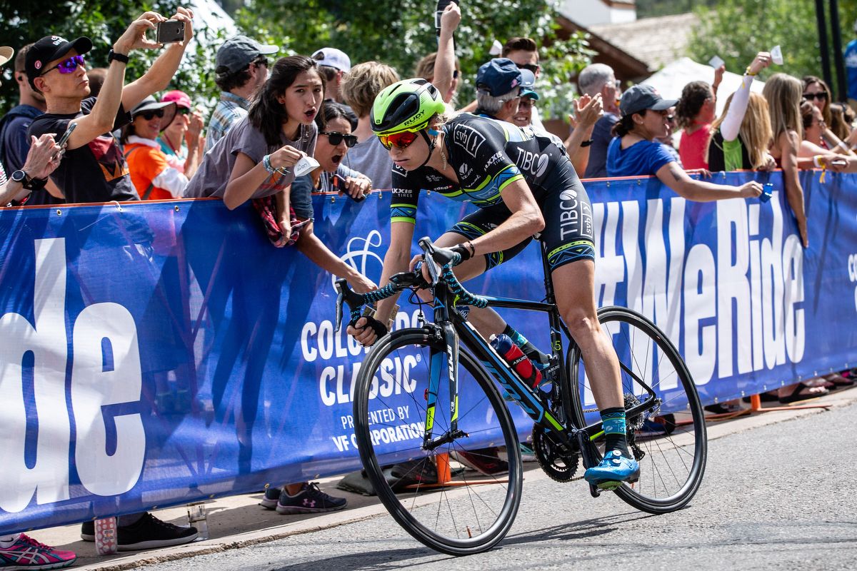 Brodie Chapman (TIBCO) gets cheers from fans after coming in second on stage 2 of the Colorado Classic