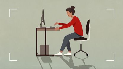 Illustration of a woman tired sat at her desk working, to represent quiet quitting
