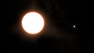 An illustration of an extremely bright, white planet orbiting a star at breakneck speed