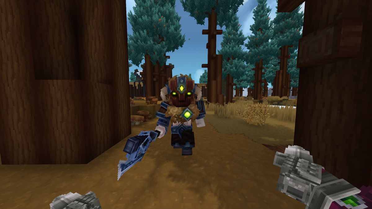 Hytale shadoweave scraps: A playing fighting an Outlander in the woods using dual daggers.