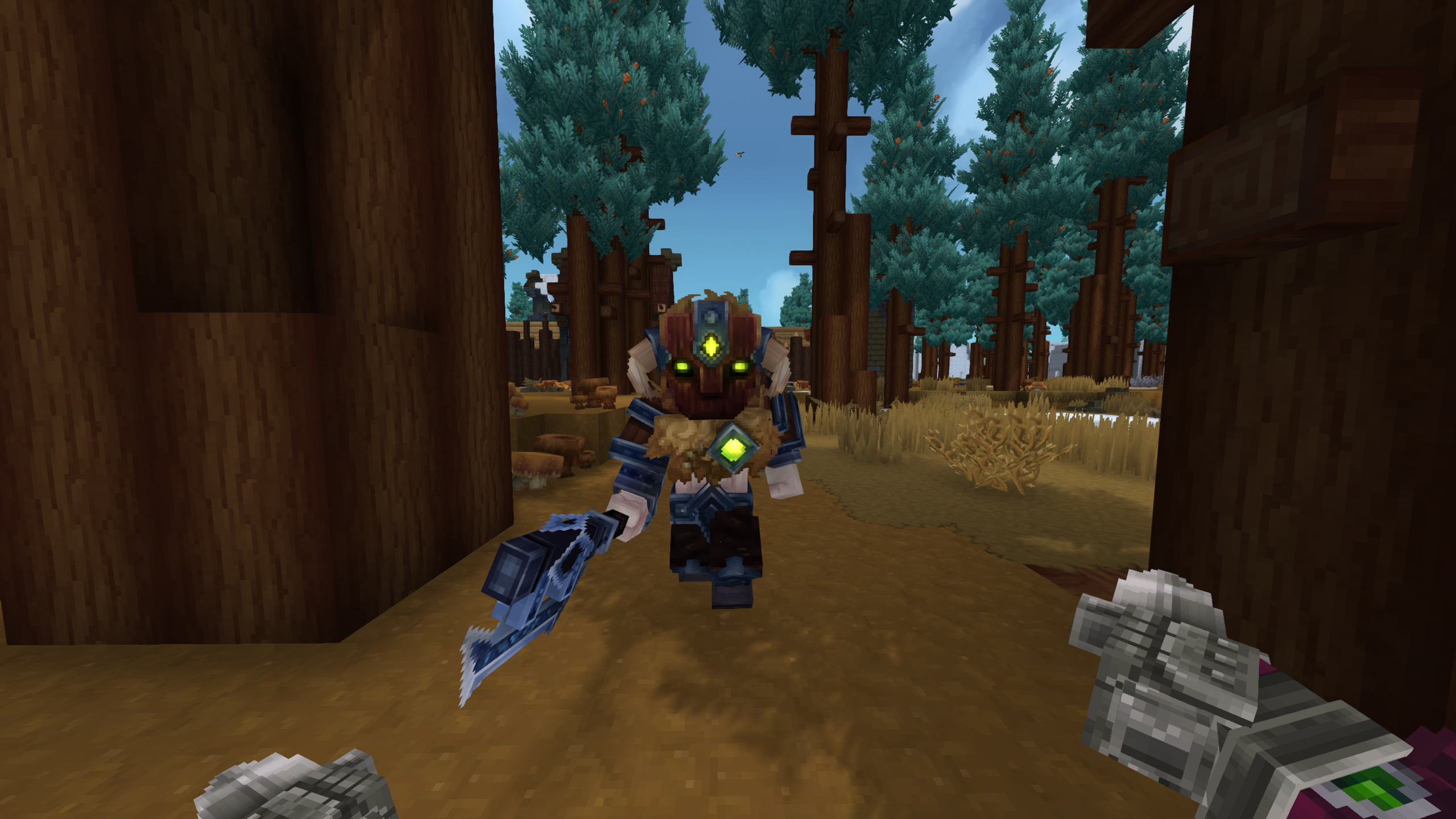 Hytale shadoweave scraps: A playing fighting an Outlander in the woods using dual daggers.
