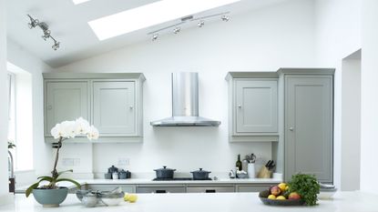 A white kitchen with ceiling downlights
