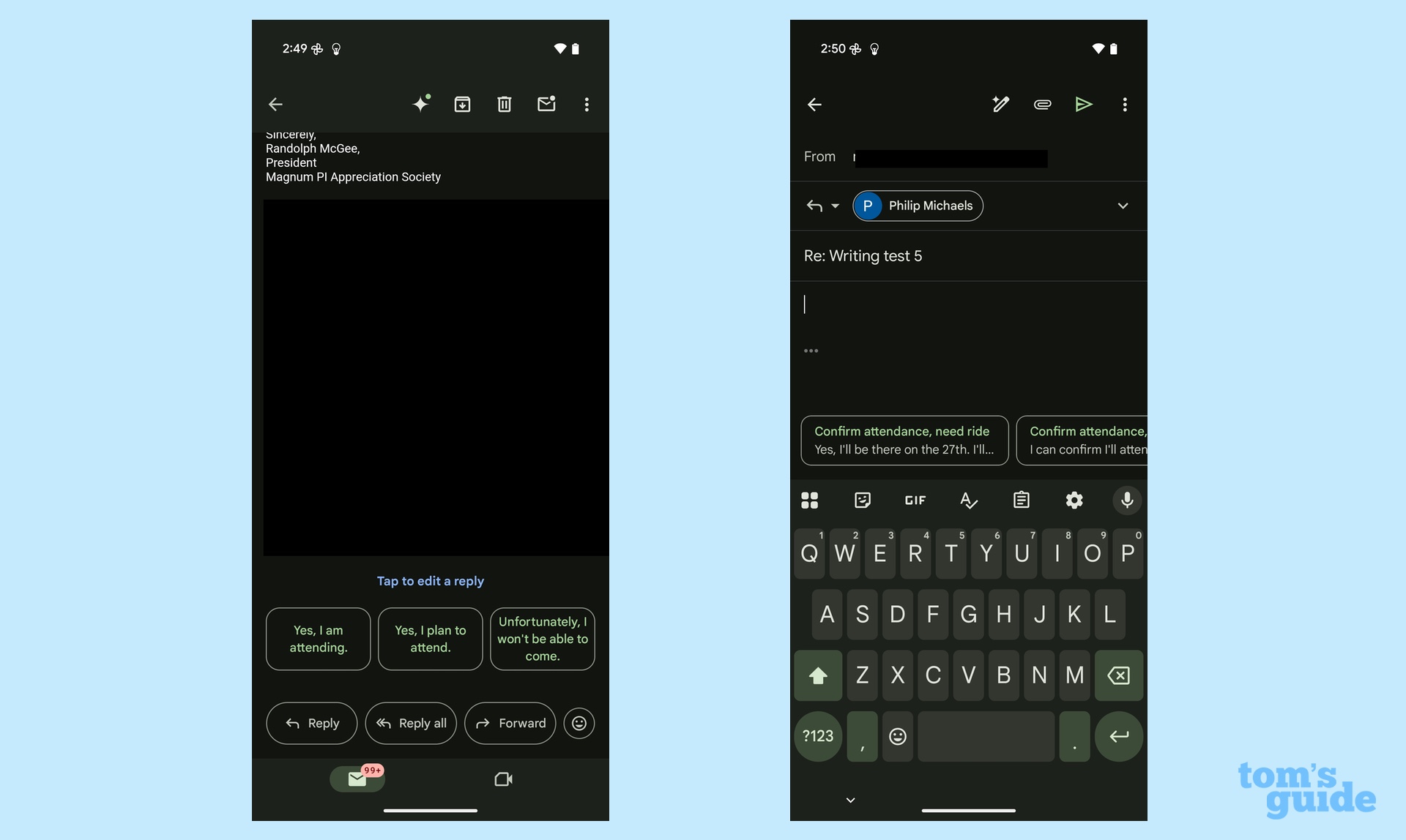 Smart replies based on context in Gmail on a Pixel 9