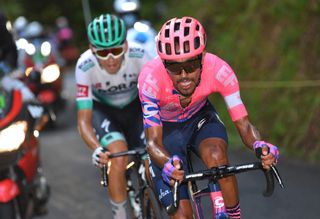 CANTAL FRANCE SEPTEMBER 11 Daniel Felipe Martinez Poveda of Colombia and Team EF Pro Cycling Lennard Kamna of Germany and Team Bora Hansgrohe Breakaway during the 107th Tour de France 2020 Stage 13 a 1915km stage from ChtelGuyon to Pas de PeyrolLe Puy Mary Cantal 1589m TDF2020 LeTour on September 11 2020 in Cantal France Photo by Tim de WaeleGetty Images