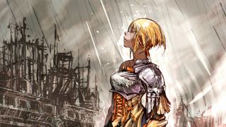 Joan of Arc looks up at the rain in Jeanne d&#039;Arc&#039;s key art