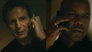 Liam Neeson in Taken and Denzel Washington in The Equalizer, pictured side by side.
