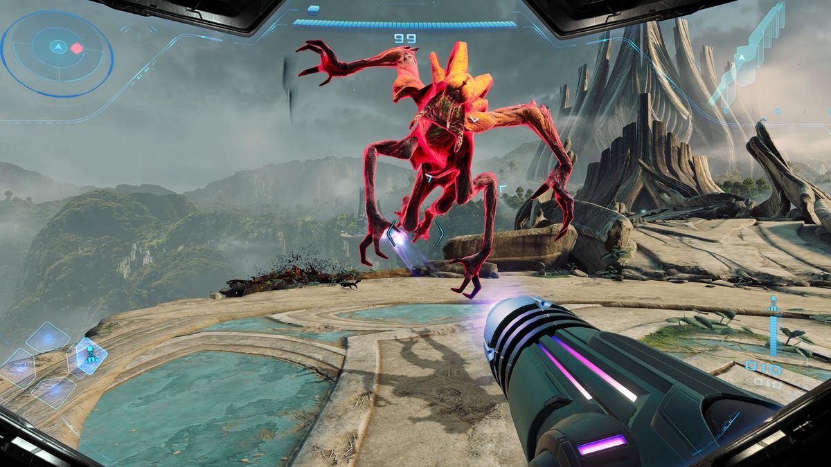 A glowing red enemy leaps at Samus as she blasts at it in Metroid Prime 4: Beyond, atop some sort of ancient ruin on Switch 2