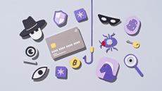 A cartoon graphic depicting phishing as a service, shown as bugs, keys, fingerprints, bitcoins, shields, eyes, etc surrounding a fish hook. All are placed on a light grey background.
