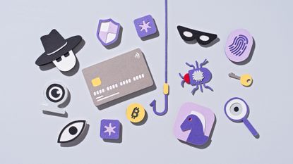 A cartoon graphic depicting phishing as a service, shown as bugs, keys, fingerprints, bitcoins, shields, eyes, etc surrounding a fish hook. All are placed on a light grey background.