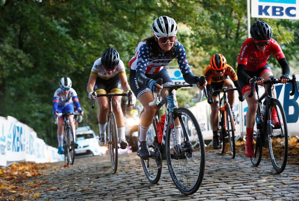 WEVELGEM BELGIUM OCTOBER 11 Ruth Winder of The United States and Team Trek Segafredo Cobblestones during the 9th GentWevelgem In Flanders Fields 2020 Women Elite a 1414km race from Ieper to Wevelgem GentWevelgem FlandersClassic on October 11 2020 in Wevelgem Belgium Photo by Bas CzerwinskiGetty Images