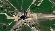 NASA's Artemis 1 mission, stacked at the launch pad ready for testing, as seen from space by the Pl&eacute;iades Neo satellite, operated by the European aerospace company Airbus.