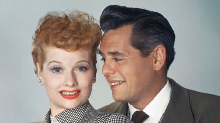 lucille ball and desi arnaz on a teal background