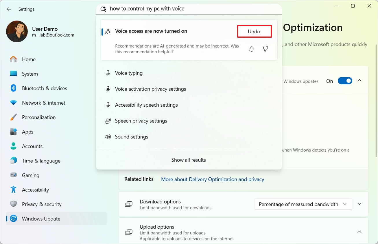 Settings AI agent undo option